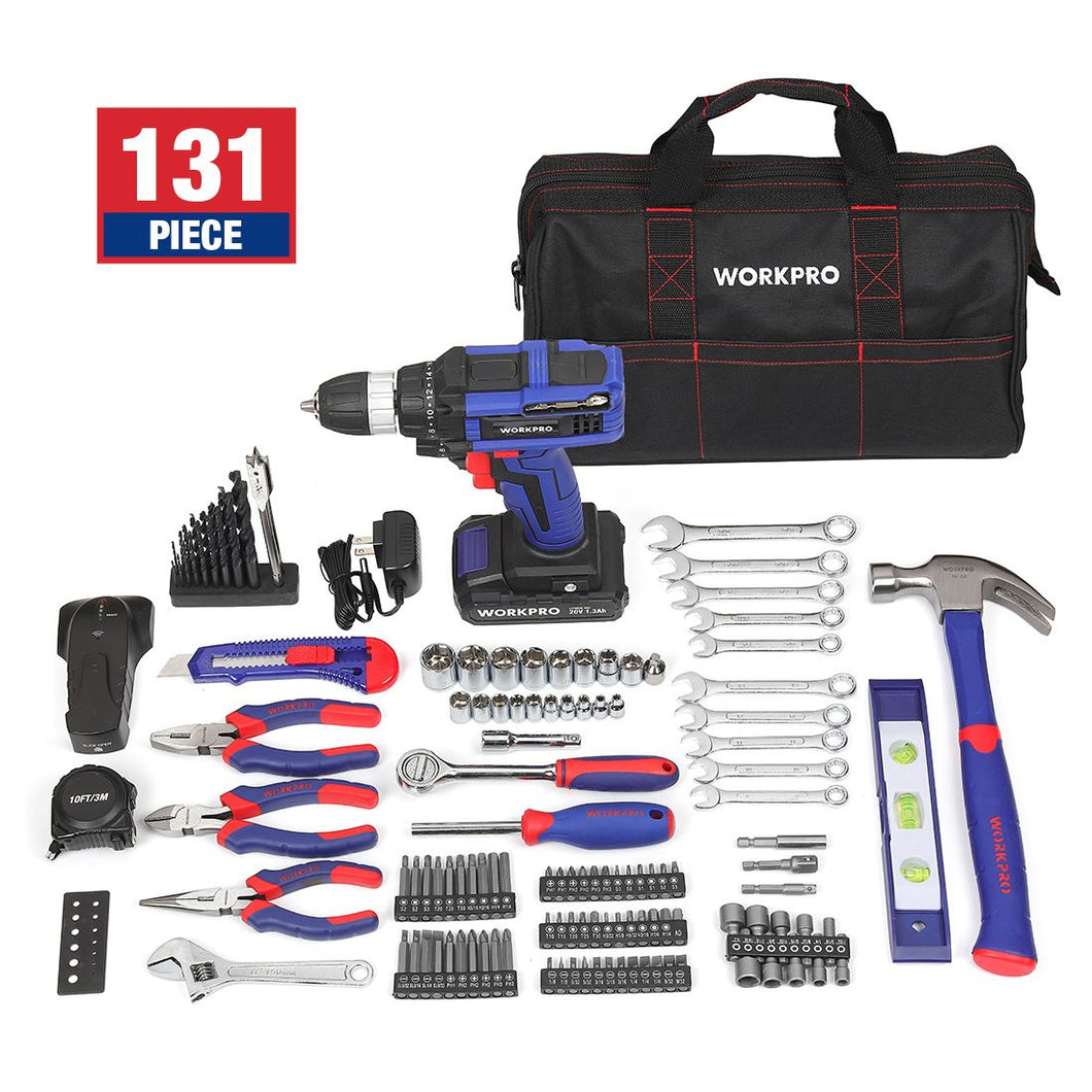 WORKPRO 131-Piece 20-Volt Lithium-Ion Cordless Drill Project Kit